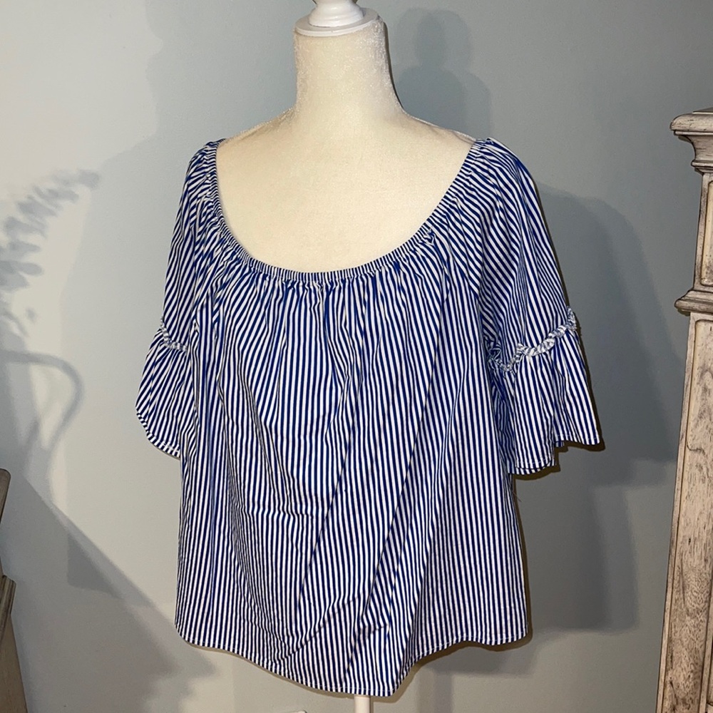 Off the shoulder white and blue stripped top